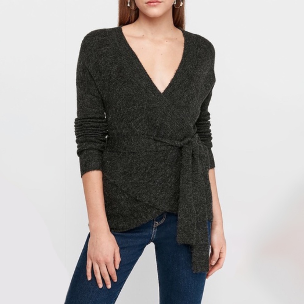 Express Charcoal Gray Wool Belted Wrap Sweater | XS